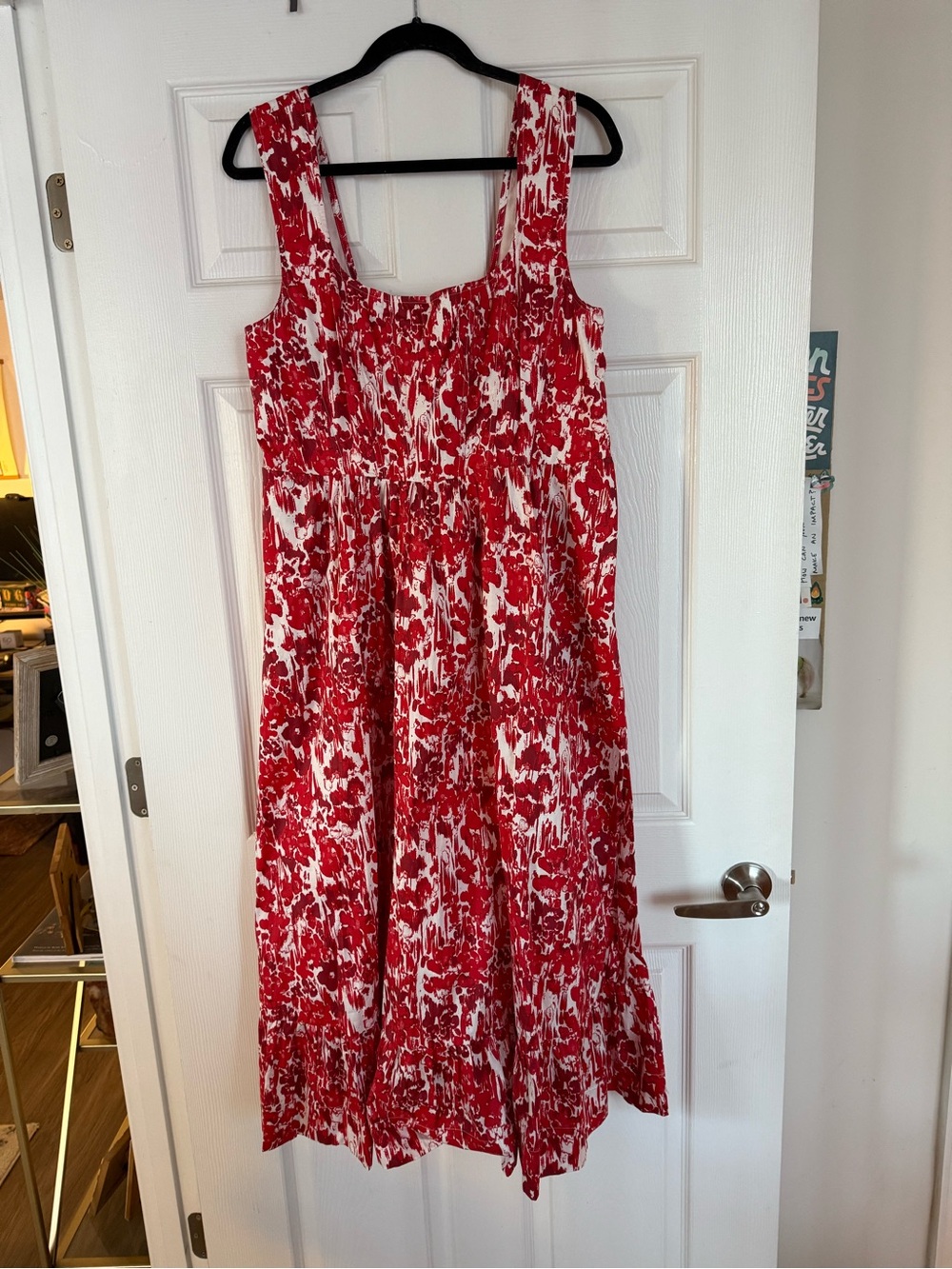Red Printed Midi Sundress with Square Neck